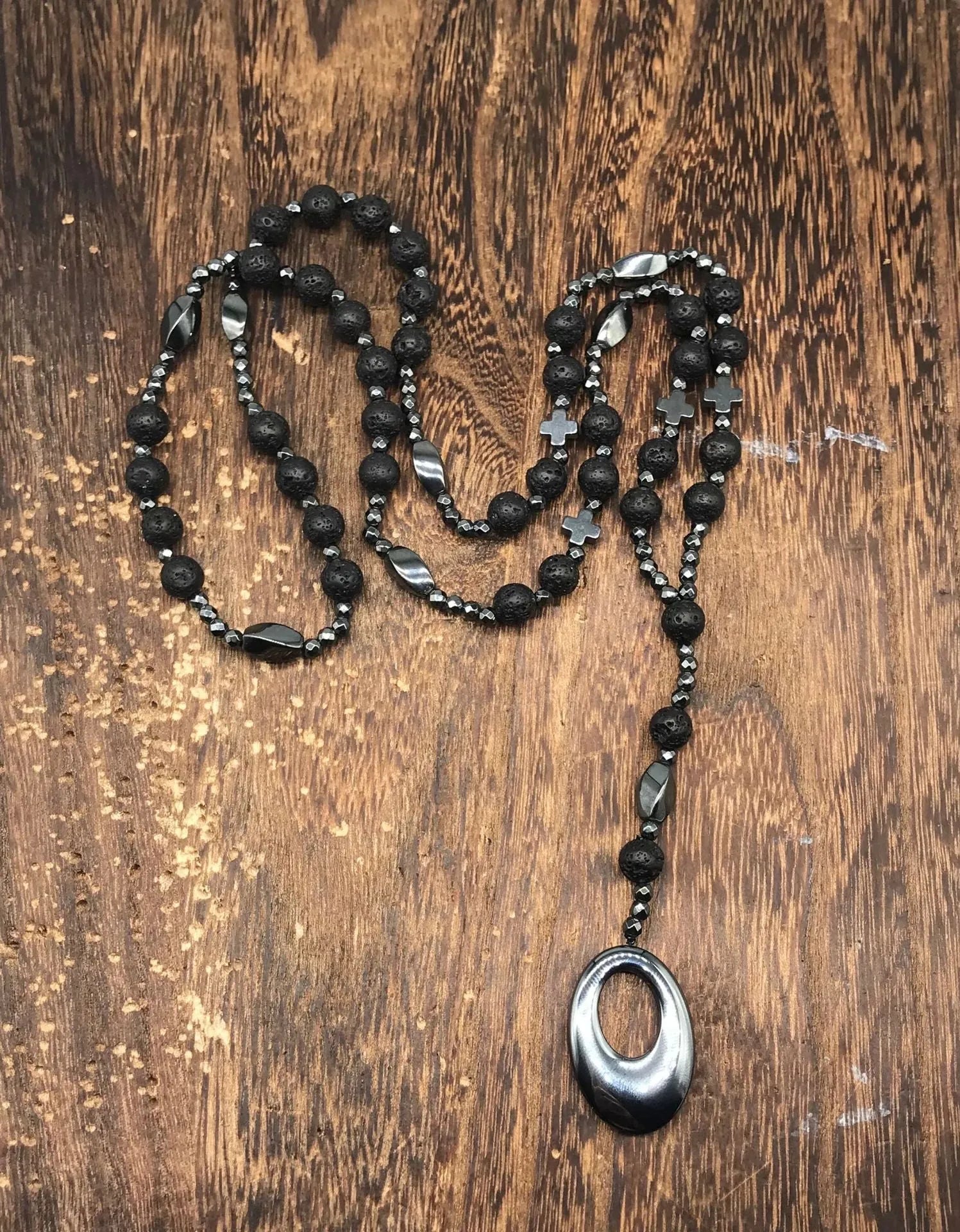 Men's stone cross pendant necklace on an 80cm ball bead chain with a safety lock
