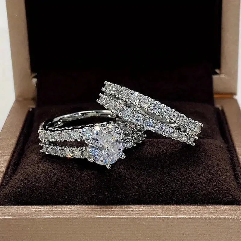 2 in 1 geometric ring set for women in silver, gold, and rose gold colours showing fully-jewelled design