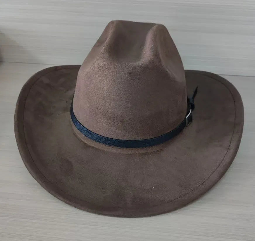 Brown leather velvet cowboy hat with curved brim and conical crown on neutral background