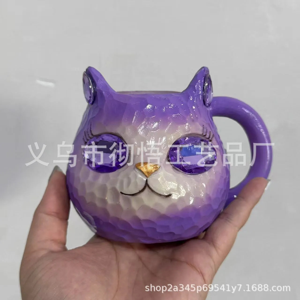 Handcrafted American style resin decorative cat cup ornament in purple, green, blue, or pink colour