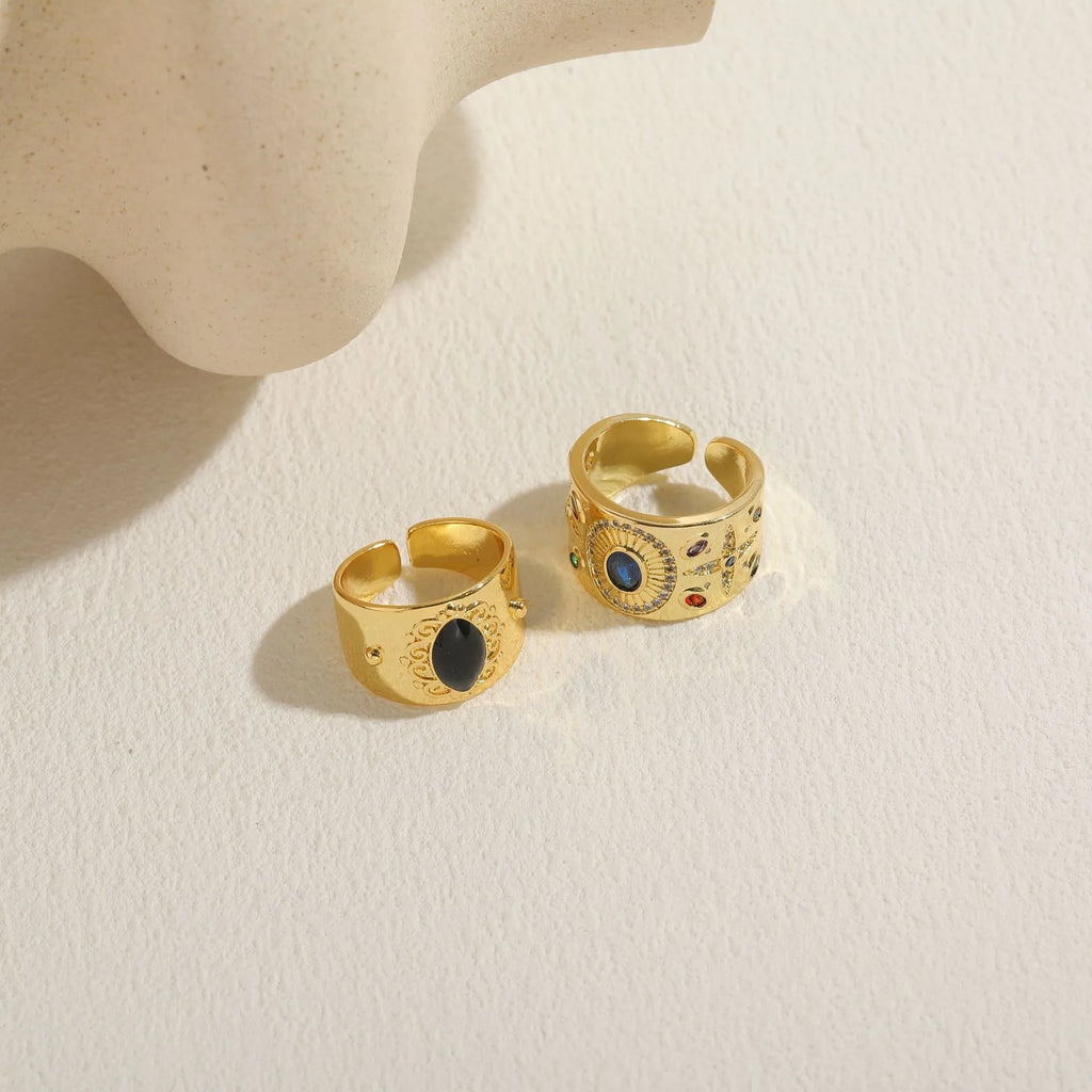 Geometric copper ring with electroplated horse eye black finish, Chinese style vintage design