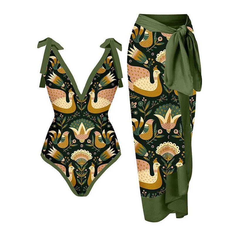 Solid colour women's one-piece swimsuit with spaghetti straps and an attached skirt.