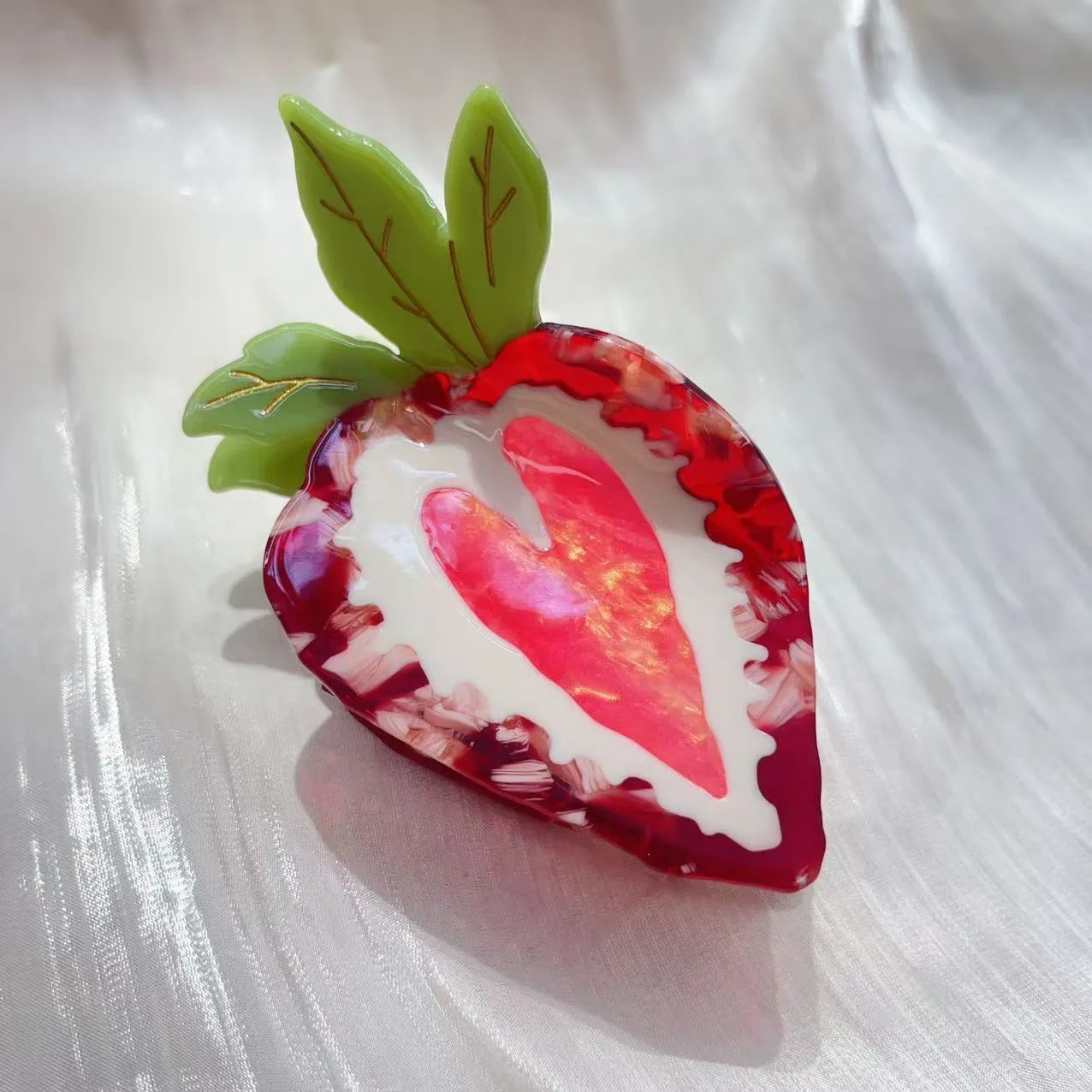 Handmade red and pink strawberry fruit hairpin for girls, a pastoral style decorative hair clip.