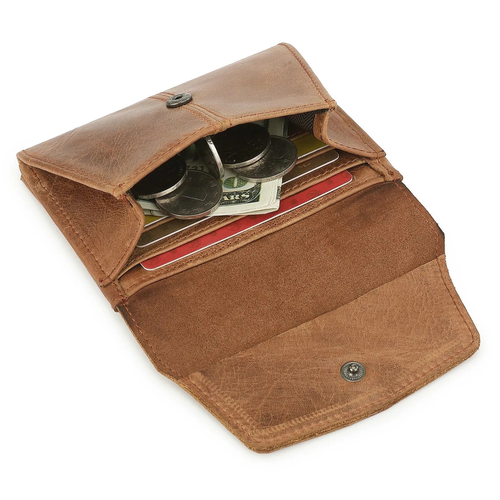 Genuine leather coin purse in retro style with stitching detail and anti-theft function