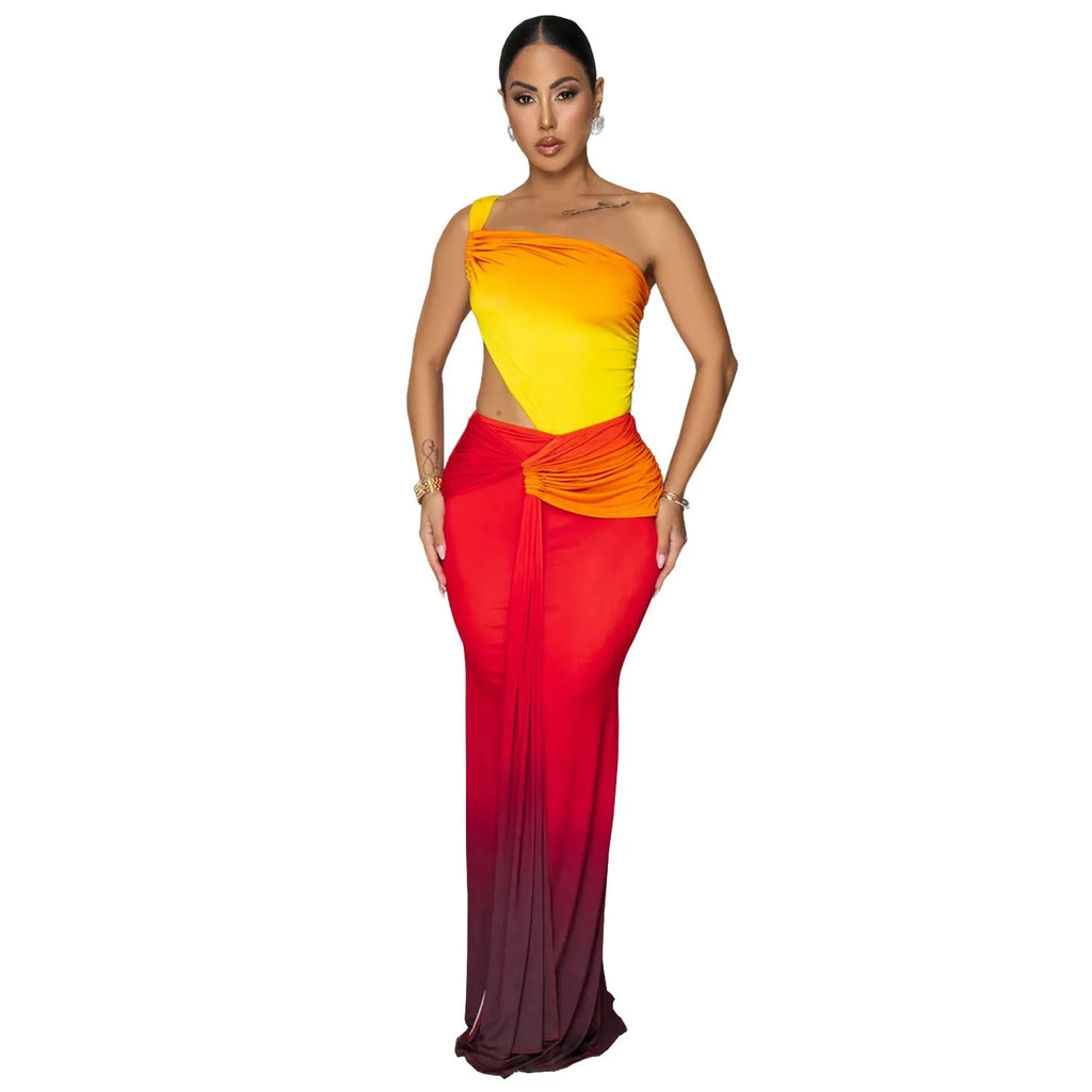 Women's brown gradient sleeveless dress with cross-shoulder design and high waist