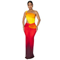 Women's brown gradient sleeveless dress with cross-shoulder design and high waist