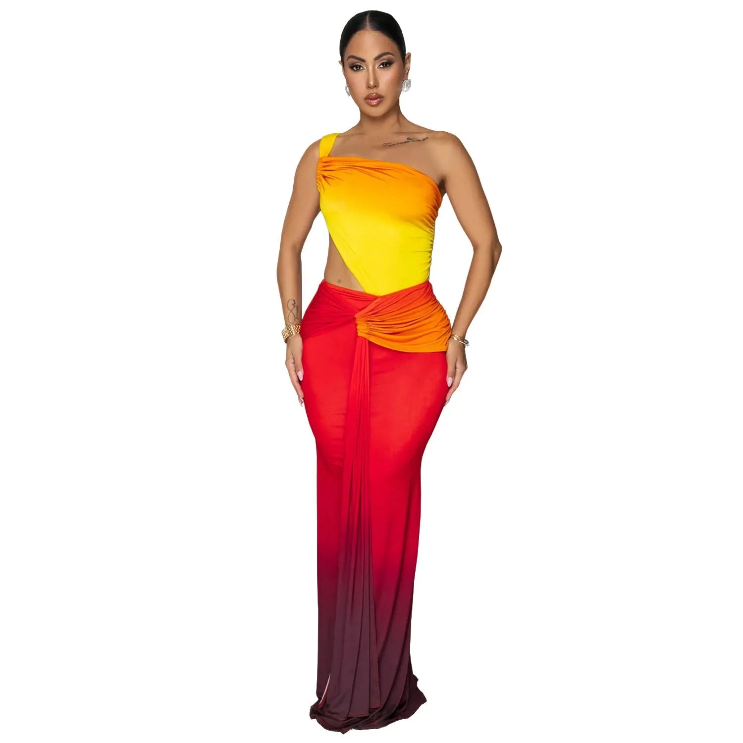 Women's brown gradient sleeveless dress with cross-shoulder design and high waist