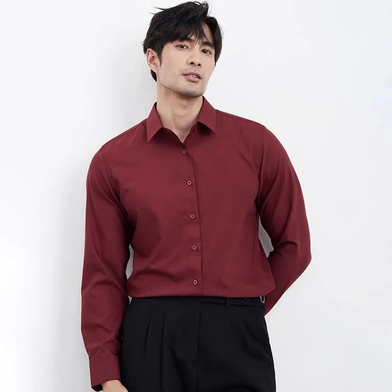 Wine red men's slim fit long sleeve cardigan shirt on a hanger.