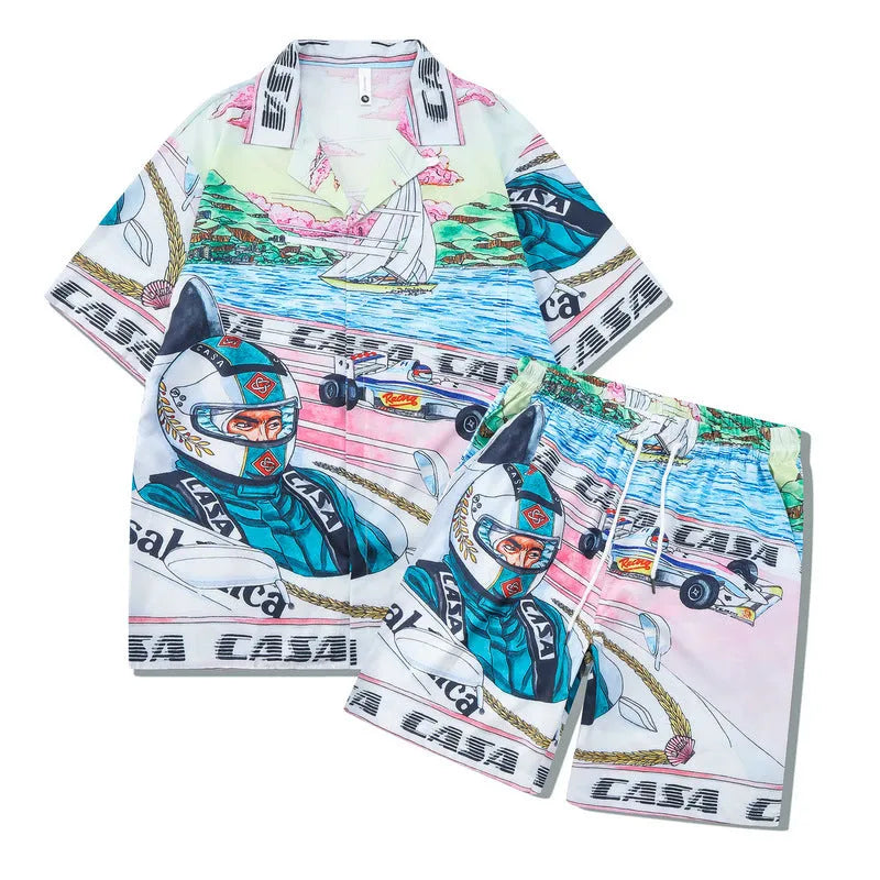 Men's plaid print polyester beach shirt and matching trousers casual outfit set.