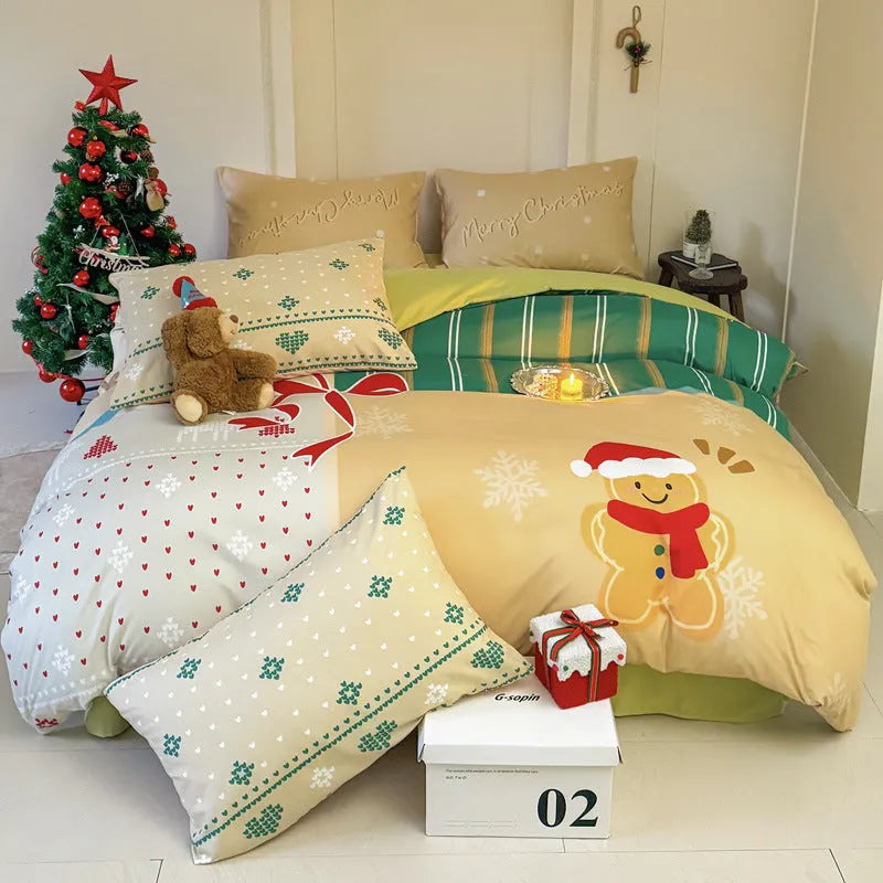 Christmas cartoon printed bedding four-piece set with gingerbread man designs on super soft washed cotton