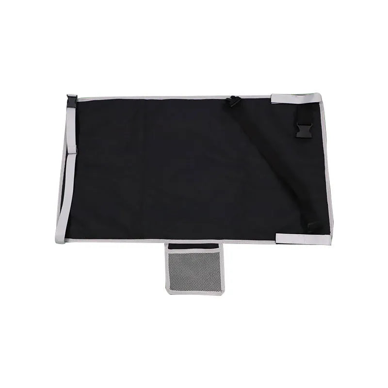 Portable children's aircraft pedal seat extender in blue, black, and grey colours with drawstring storage pocket