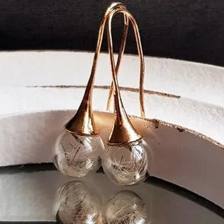 Transparent glass ball earrings with dandelion seed crystal design in silver and bronze finishes