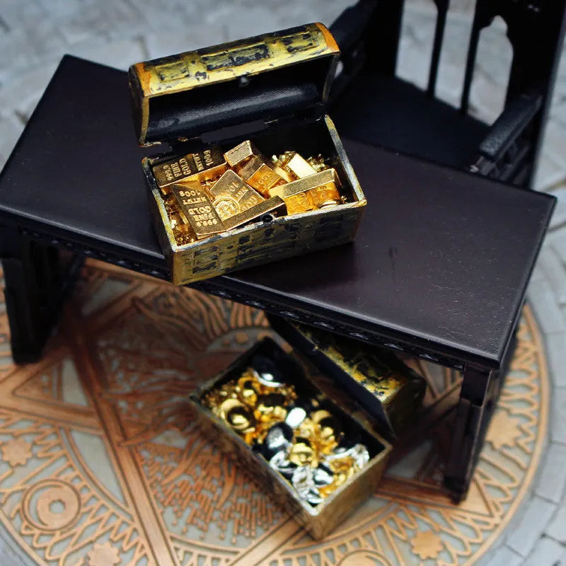 Miniature alloy gold coin treasure box doll house accessories with gold bars and ingots