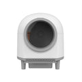 White automatic self-cleaning cat litter box with enclosed design measuring 556x512x590mm