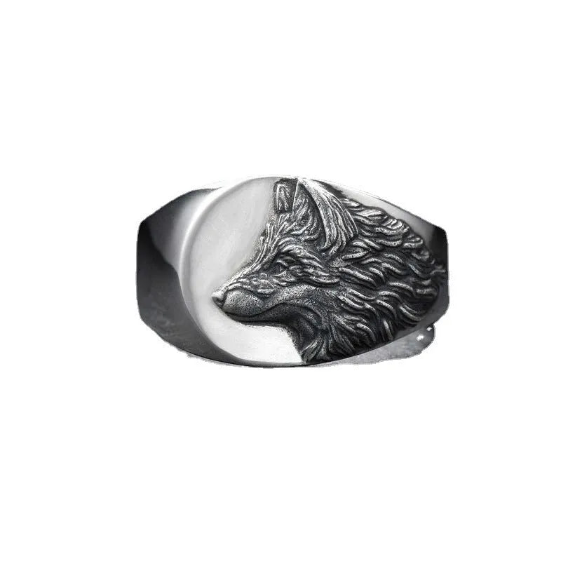 Silver geometric wolf head men's ring in European retro style