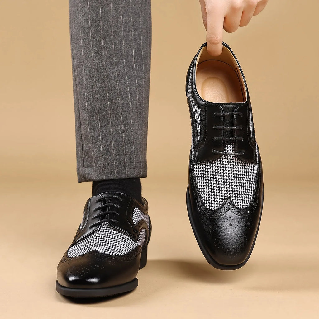 Men's houndstooth pattern casual shoes in black with a square toe and lace-up front.