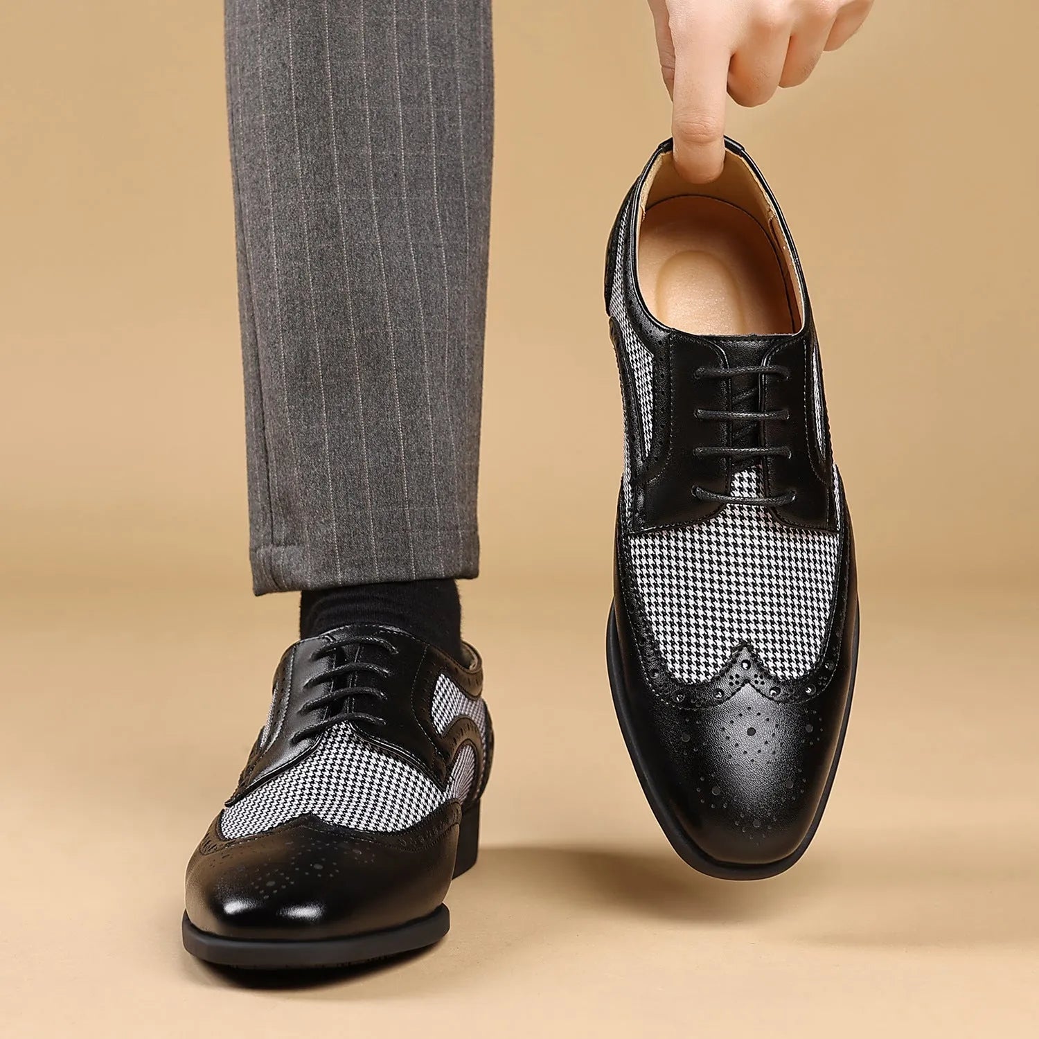 Men's houndstooth pattern casual shoes in black with a square toe and lace-up front.