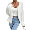 White women's cardigan sweater with V-neck design and beaded knitwork detailing