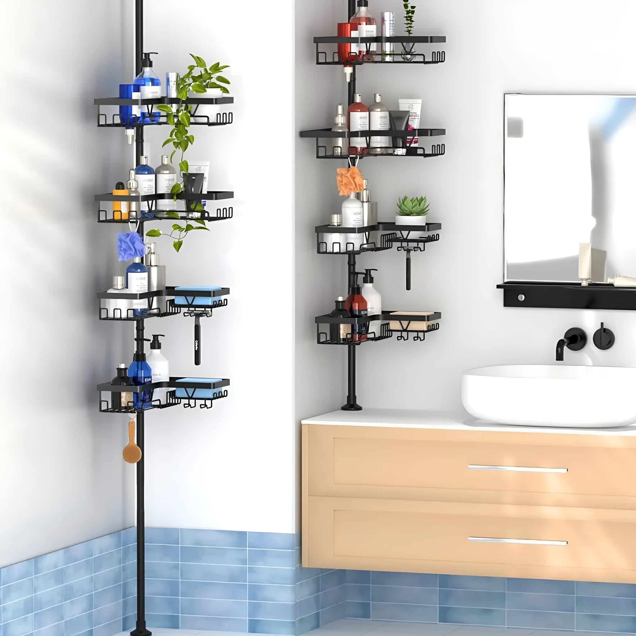 Silver retractable bathroom storage rack with four layers in shower corner