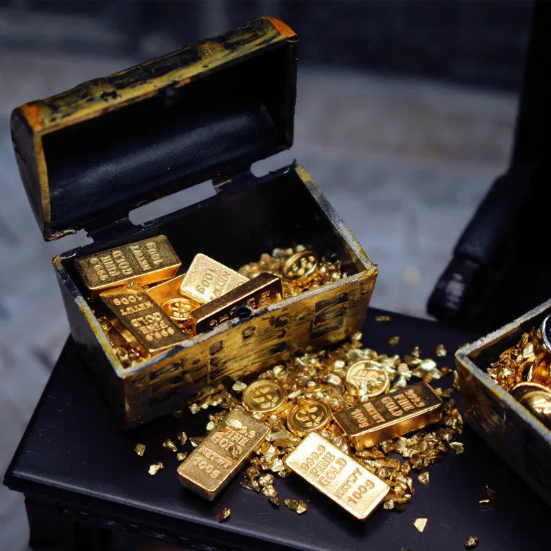Miniature alloy gold coin treasure box doll house accessories with gold bars and ingots