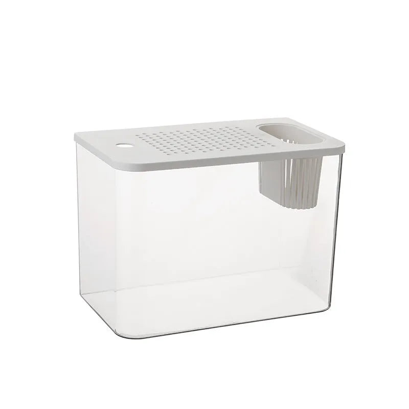 Black and white plastic betta fish tank with cover measuring 32cm by 18.5cm by 23cm