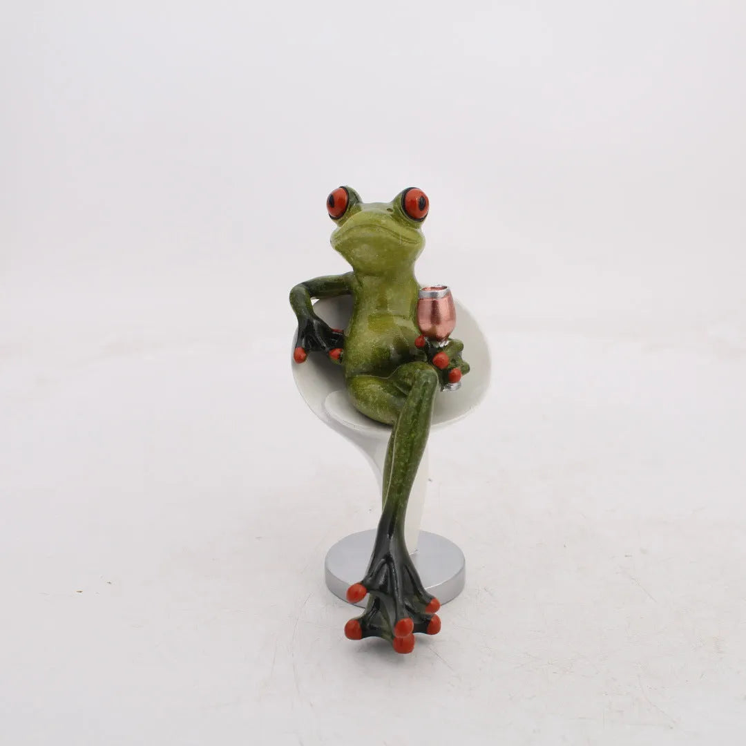 Pastoral style synthetic resin frog figurine home decoration on a wooden surface.