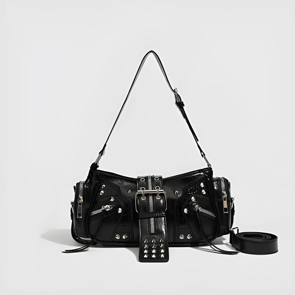 Black retro shoulder handbag with dumpling shape design and multiple compartments