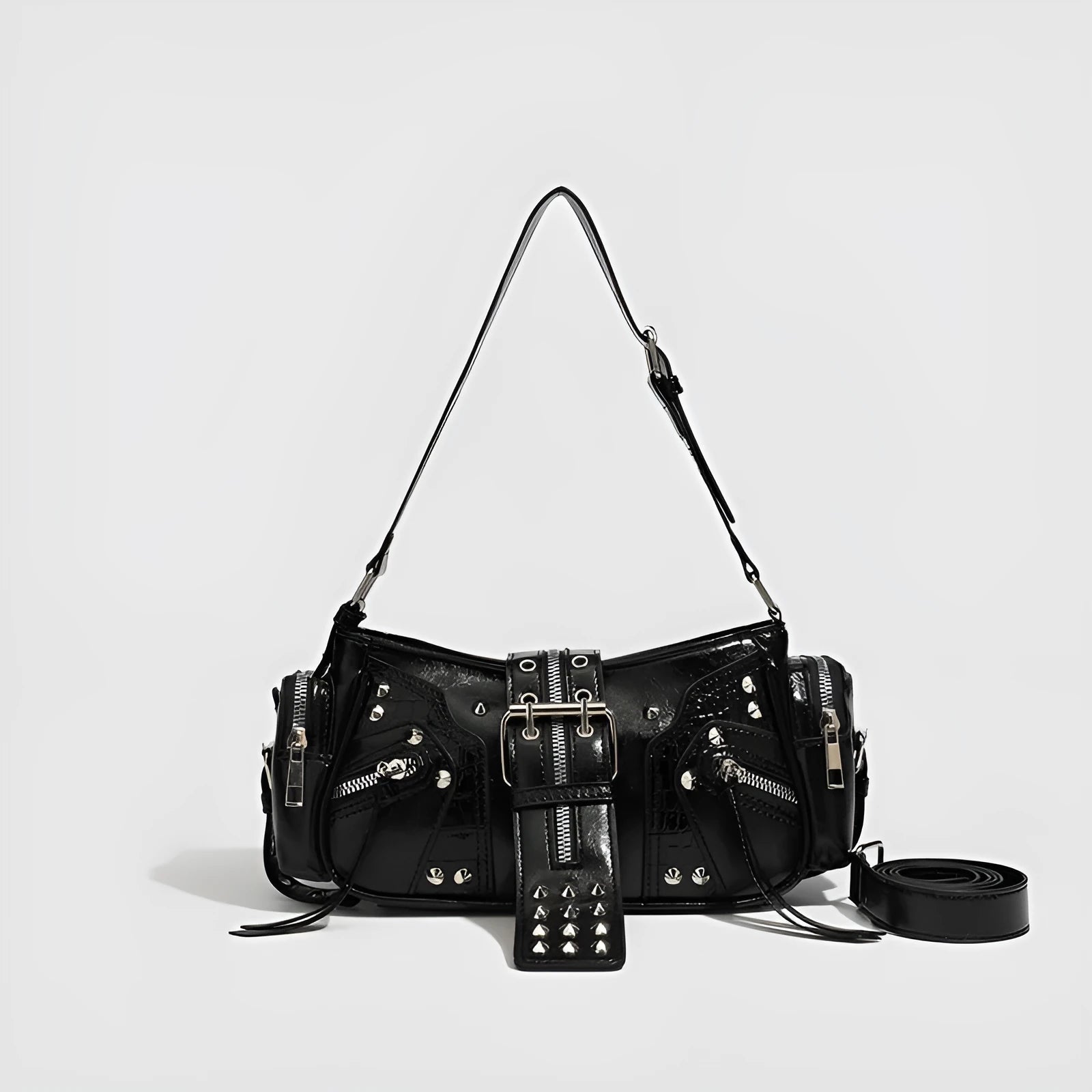 Black retro shoulder handbag with dumpling shape design and multiple compartments