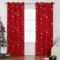 Polyester shade cloth curtain with snowflake pattern in red or green with lace loop or iron hoop trim