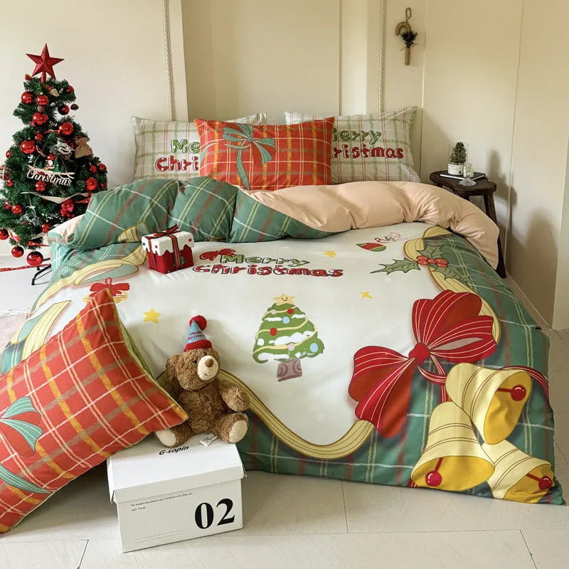 Christmas cartoon printed bedding four-piece set with gingerbread man designs on super soft washed cotton