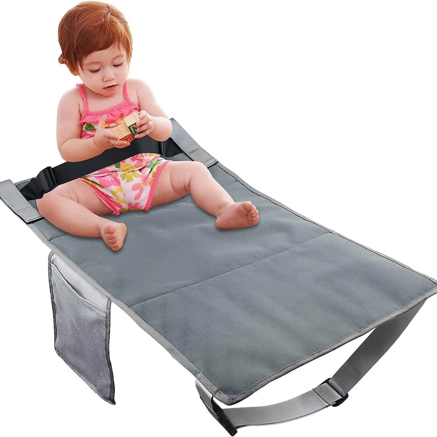 Portable children's aircraft pedal seat extender in blue, black, and grey colours with drawstring storage pocket