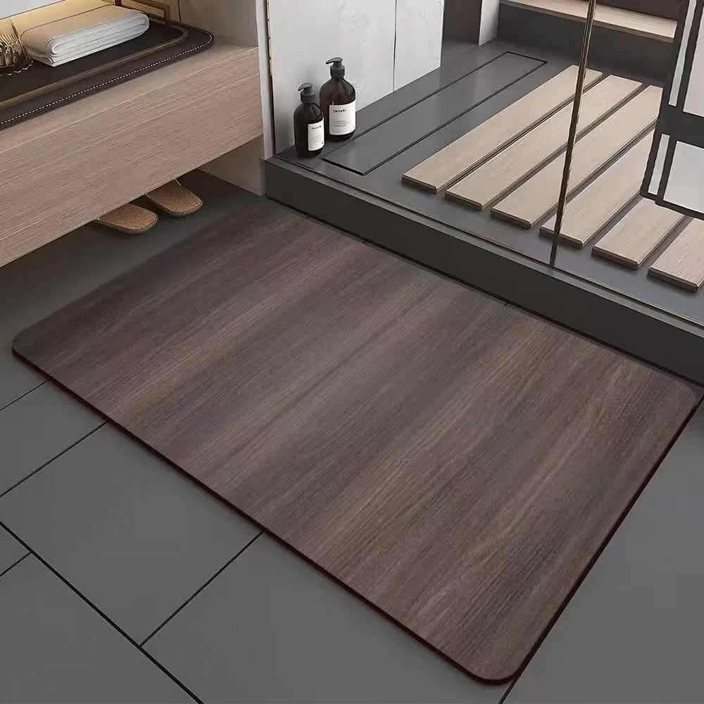 American-style square diatom ooze floor mat with a wood grain geometric pattern, shown in a bathroom setting.