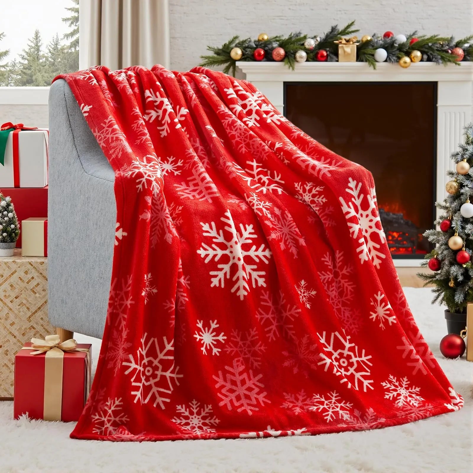 Soft red flannel Christmas blanket draped over a bed corner
