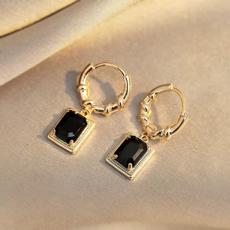 Geometric quadrilateral black zircon copper earrings with French court retro design