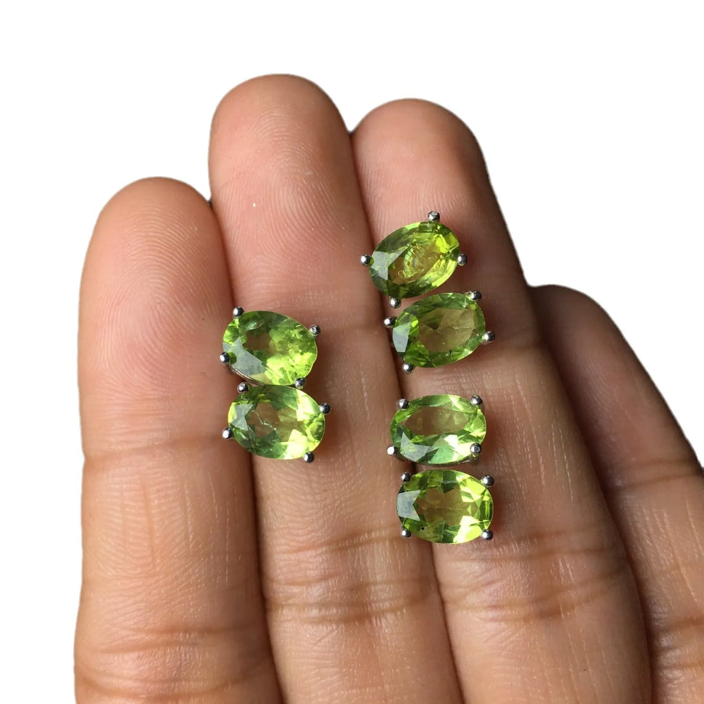 Grass green natural olivine stud earrings in S925 sterling silver setting.