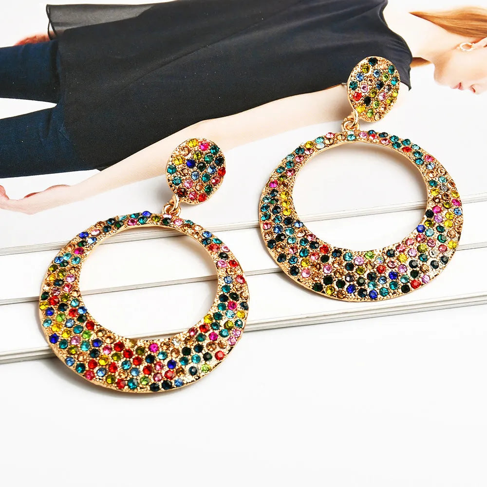 Colour cartoon style alloy earrings with metal diamond round large pendant drops for women