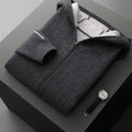 Men's dark blue cashmere half-high collar zip cardigan sweater with long sleeves