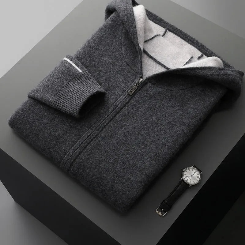 Men's dark blue cashmere half-high collar zip cardigan sweater with long sleeves