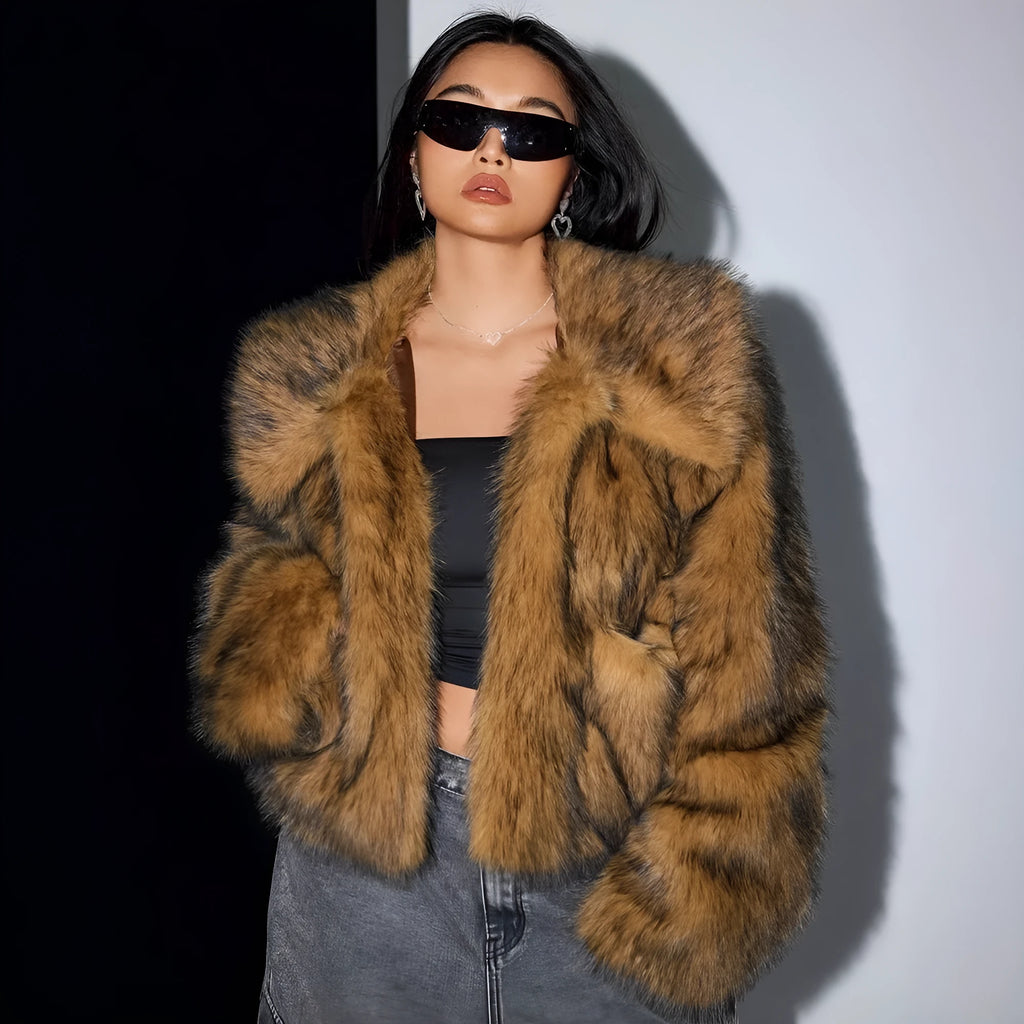Short-length artificial fur coat with a thick fur collar, shown in one of six available colour options.