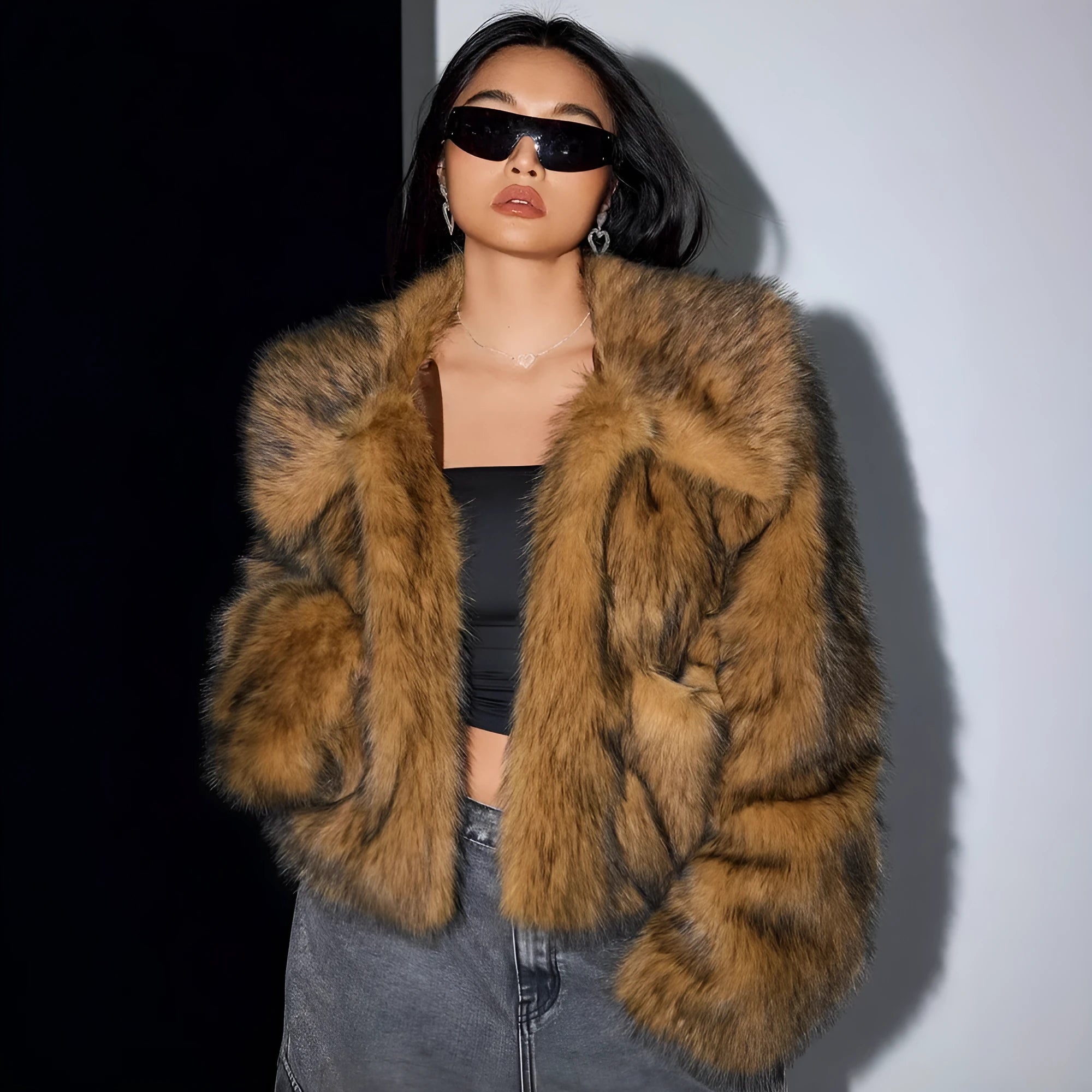 Short-length artificial fur coat with a thick fur collar, shown in one of six available colour options.