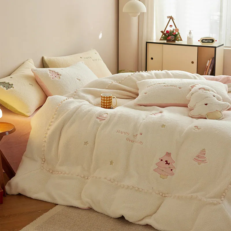 Winter milk fibre four-piece princess bedding set with green or pink Christmas tree reactive print design