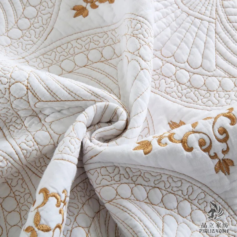European-style double thick pure cotton bed cover set with embroidery, includes one cover and two pillowcases.