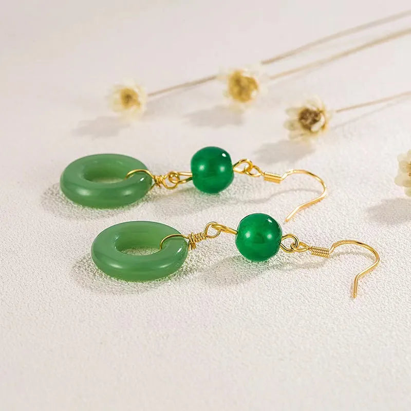 Green jade peace buckle shaped earrings with 14K gold plating for Chinese style clothing