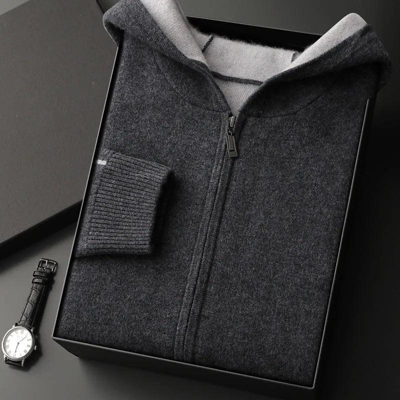 Men's dark blue cashmere half-high collar zip cardigan sweater with long sleeves
