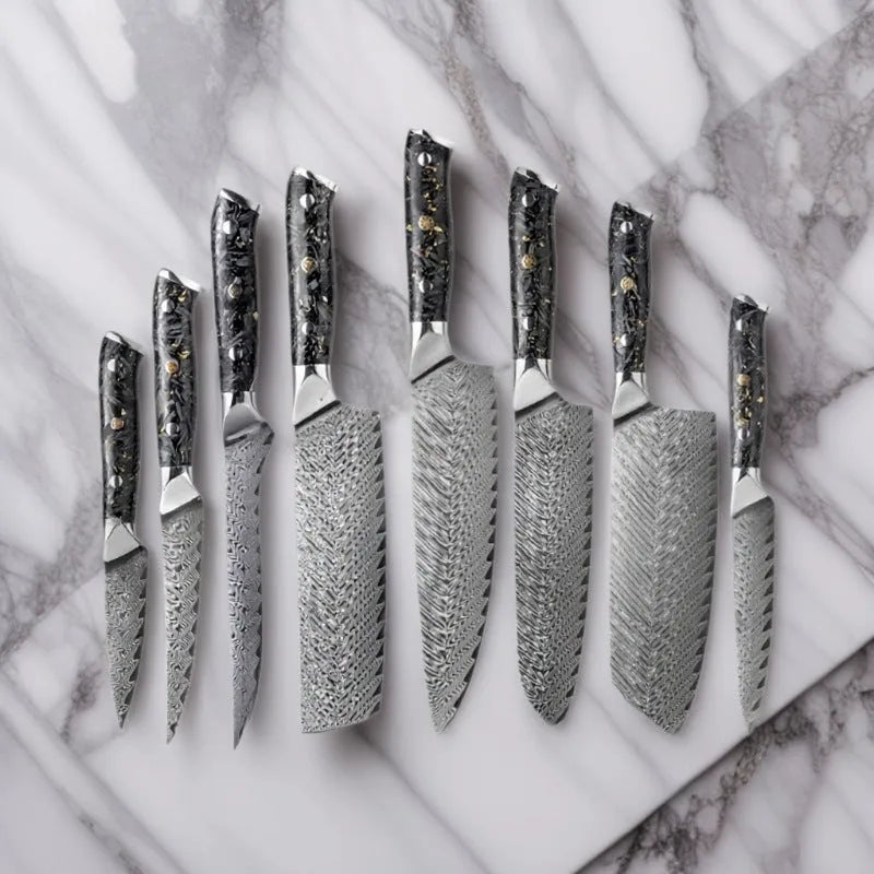 Damascus steel eight-piece kitchen knife set showing fishbone pattern blades and modern handles.