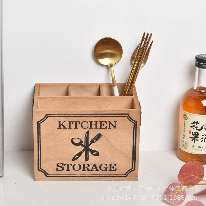 Wooden kitchen storage box for knives forks and chopsticks with internal grid compartments