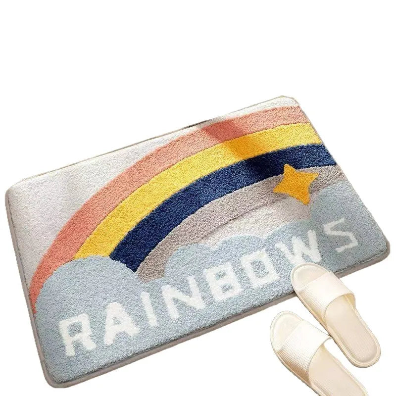 Square cashmere carpet floor mat with plastic bottom in sky sea colour rainbow pattern