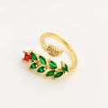 Women's open mouth copper ring with gold plating and zircon micro inlaid leaf geometric design