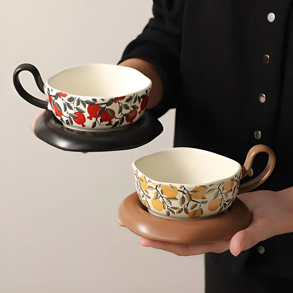 Antique style ceramic coffee cup and saucer set with 210ml capacity in black or orange retro design