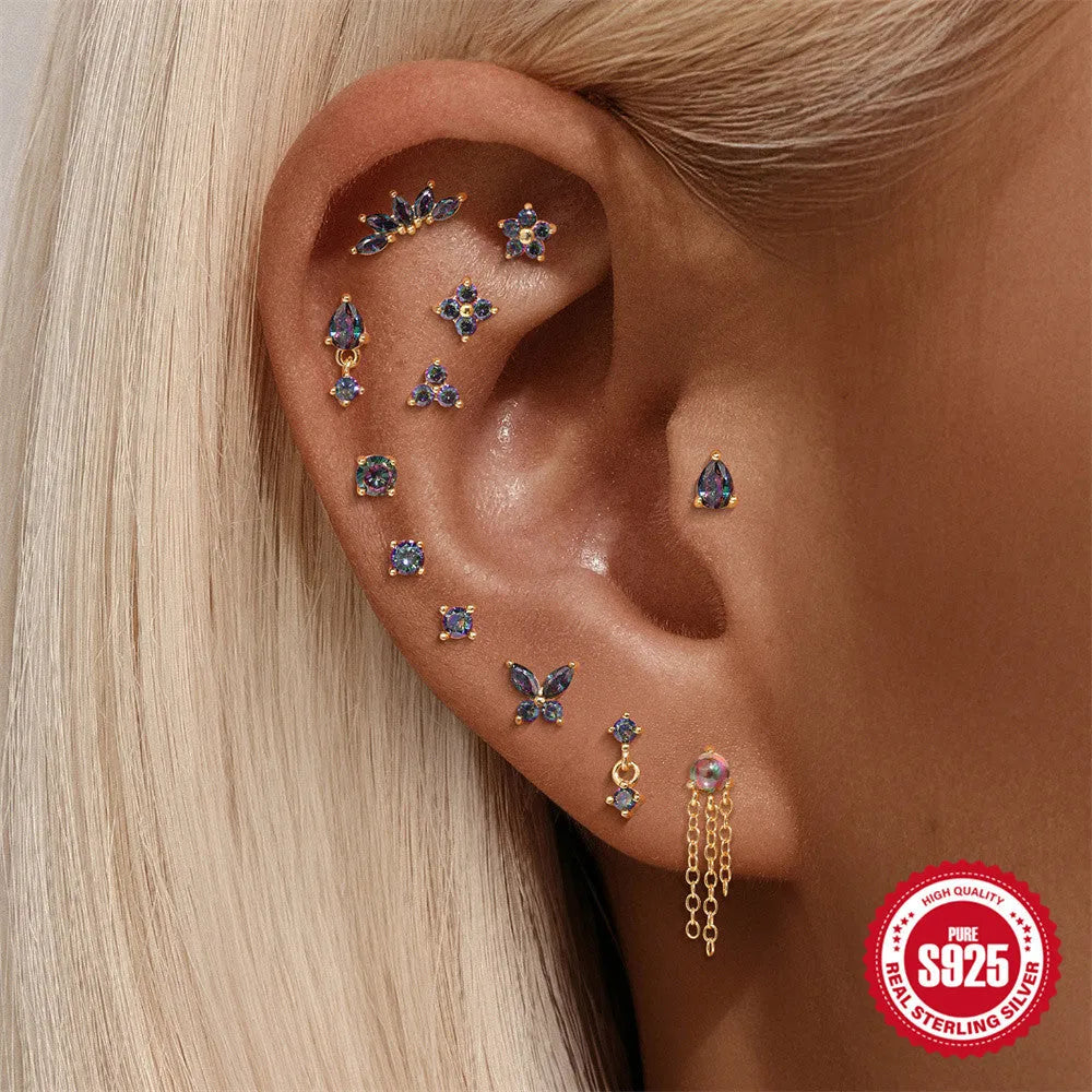 S925 sterling silver flat head earring stud with a super shiny rainbow stone for thread piercings.